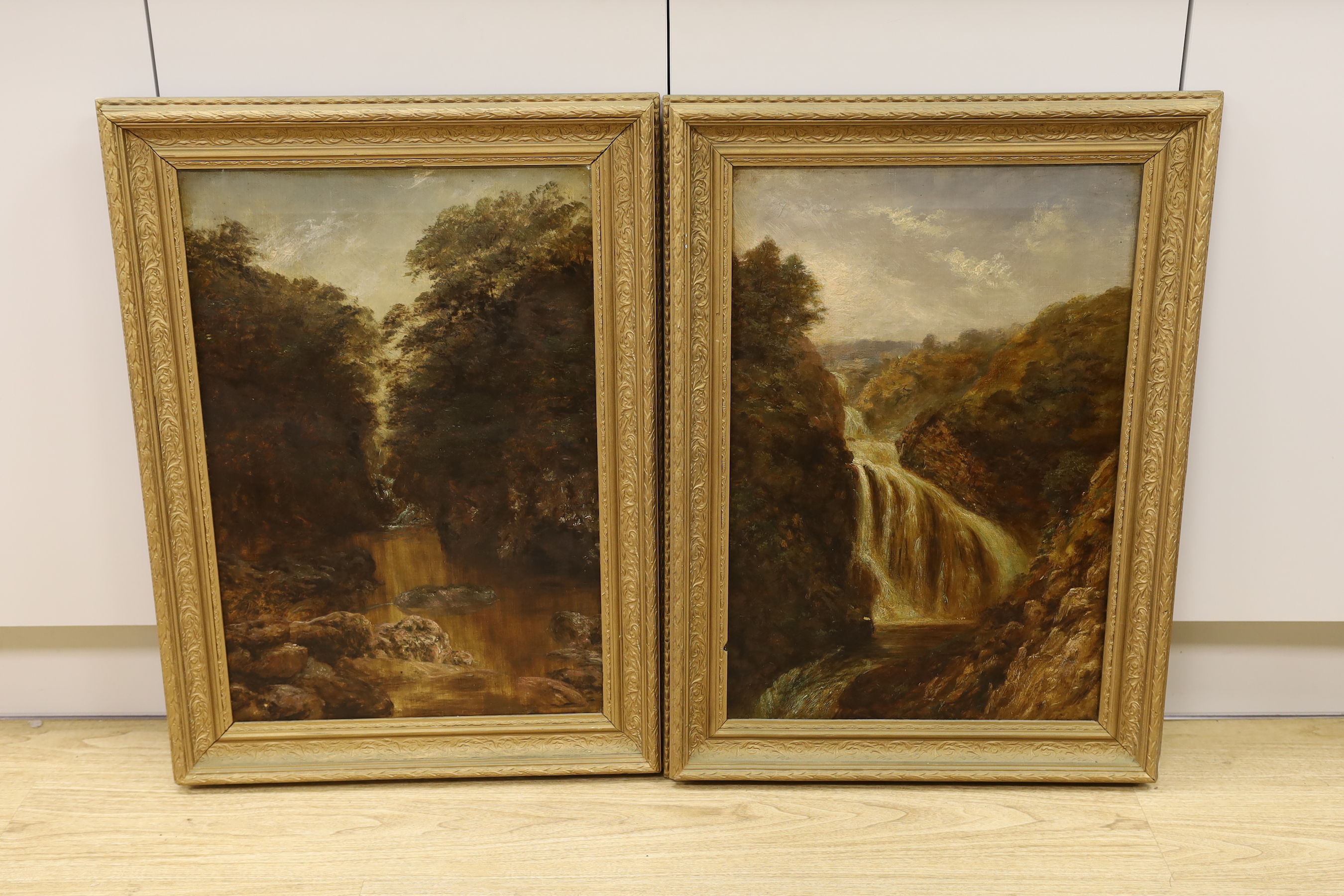 19th century English School, pair of oils on canvas, Waterfalls, 61 x 40cm